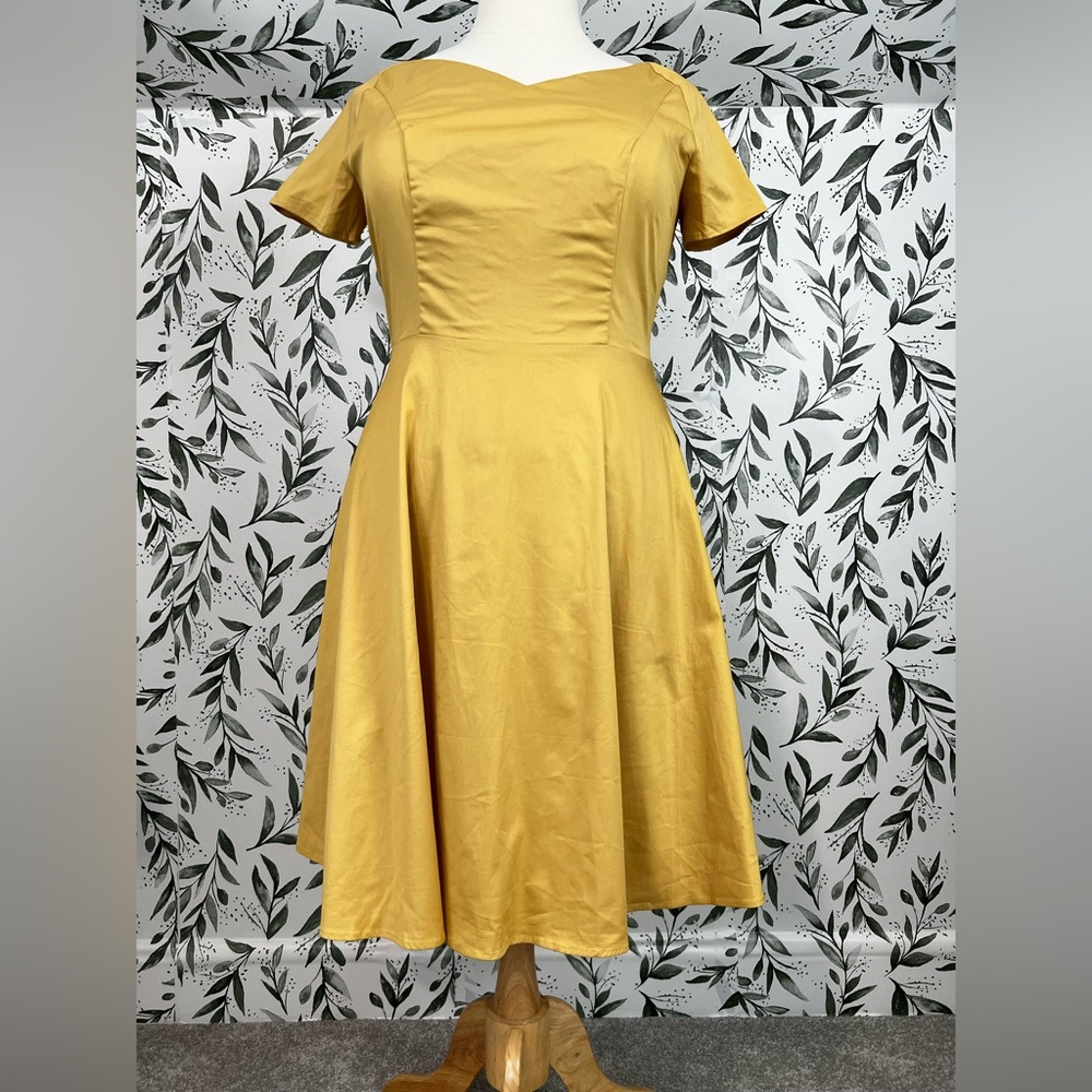 Yellow Retro Vintage Style Midi Dress Size XL Cotton Elegant Classic Cocktail #E - Picture 11 of 14